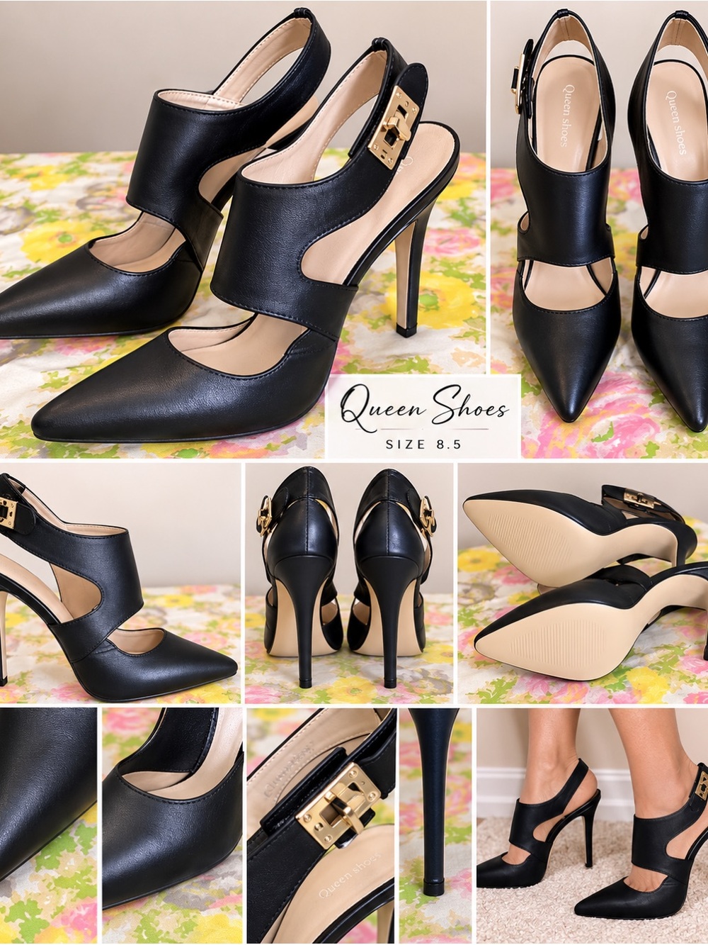 Queen Shoes Black Faux Leather Cutout Slingback Pumps Size 8.5 Pointed Toe